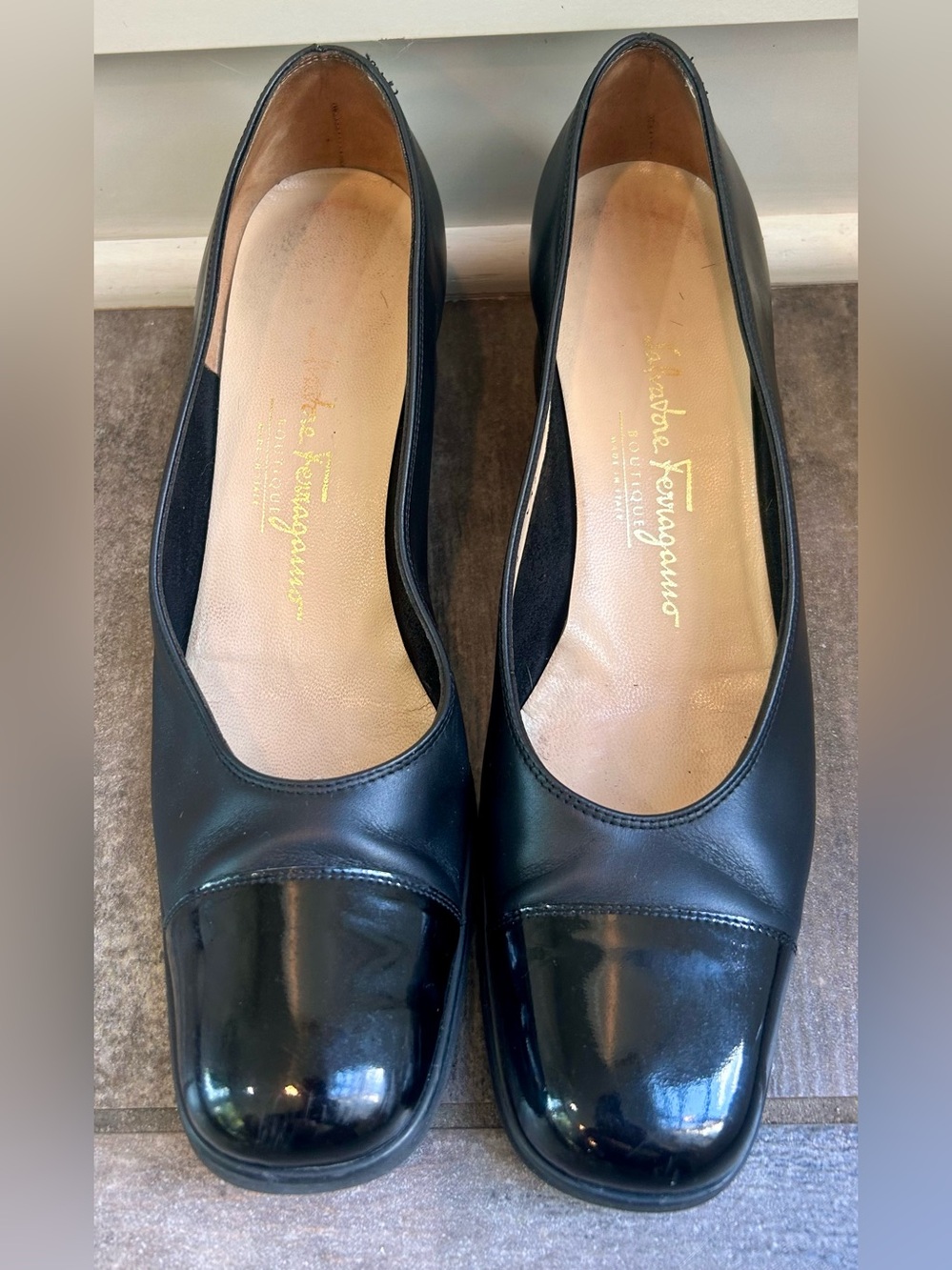Salvatore Ferragamo Shoes Womens 9.5 Black Leather Wedge Pumps Square Cap Toe